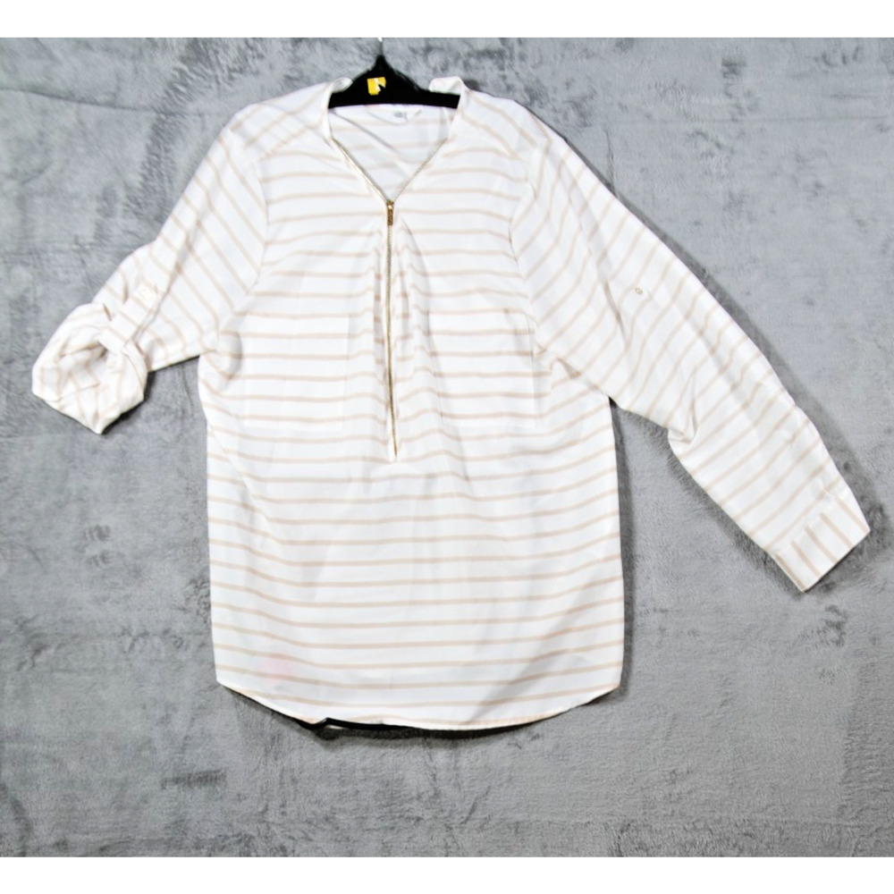 Calvin Klein White Beige Striped Zip‎ Tunic Blouse XL Gently Used